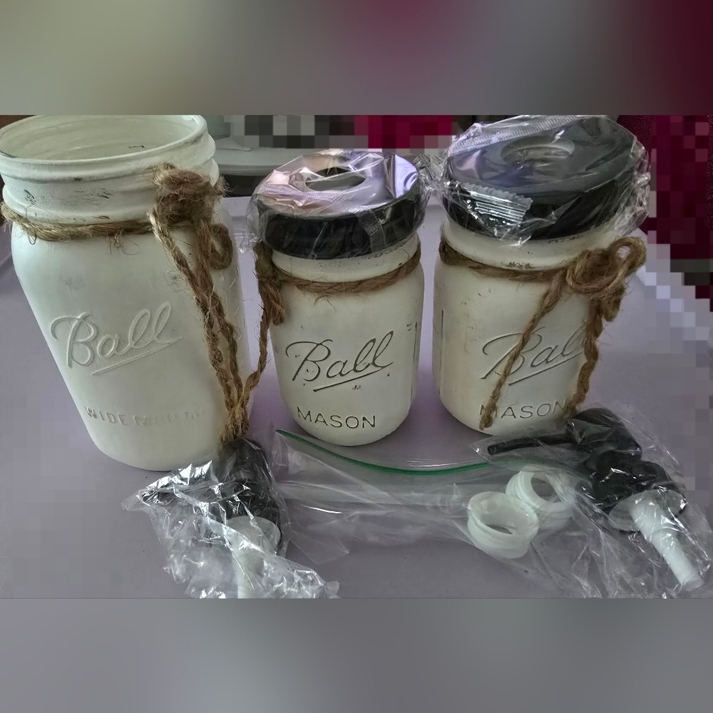 White Mason Jar Soap Dispenser Kitchen Bath 3 Pc  Set